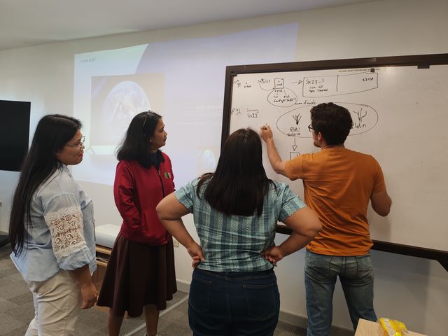 (R-L) Luis Hernández, May Ann Sallan, Connie Lotho, and Ruth Carpio discuss the breeding scheme of forages